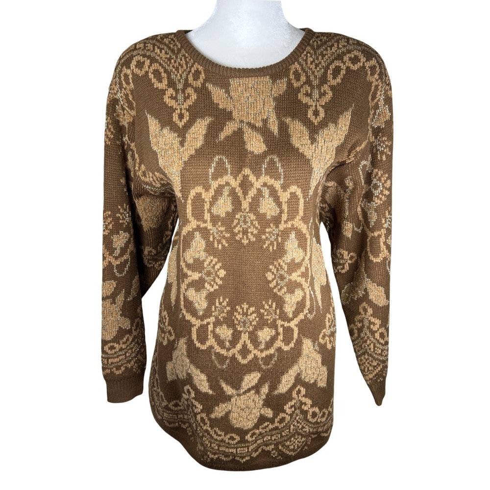 90s Liz Claiborne Brown Gold Floral Wool Blend Knit Sweater Women Size Medium